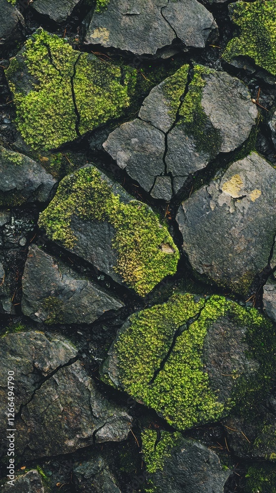 Texture of Dark Stone with Green Moss and Cracks in Nature Texture of Dark Stone with Green Moss and Cracks in Nature