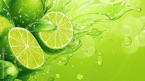 Vibrant Zesty Lime Splash with Sparkling Water Droplets on a Fresh Green Background, Highlighting Natural Freshness and Citrus Energy. 