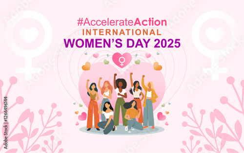 Accelerate Action Campaign Pose - International Women's Day 2025. A bold vector banner showcasing diverse women united against discrimination, symbolizing global activism for gender equality and women