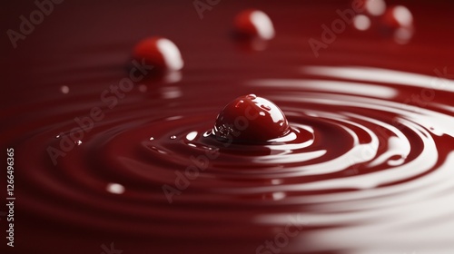 Red liquid drop impacting surface, creating ripples; studio shot, food, drink photo