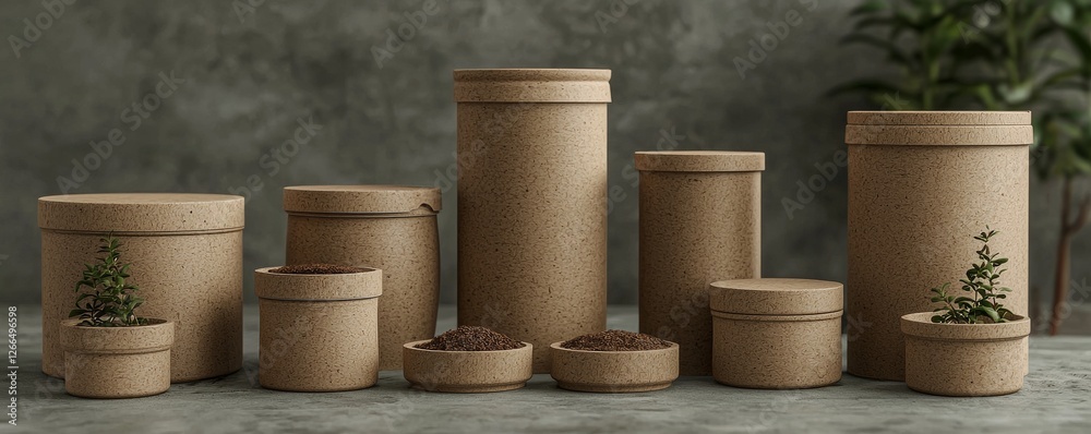 A collection of eco-friendly round cardboard containers, some with small plants, arranged on a surface against a textured background. A collection of eco-friendly round cardboard containers, some with small plants, arranged on a surface against a textured background.