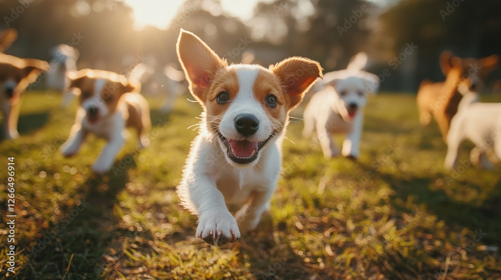 Happy puppies playing outdoors in a sunny, grassy field Happy puppies playing outdoors in a sunny, grassy field