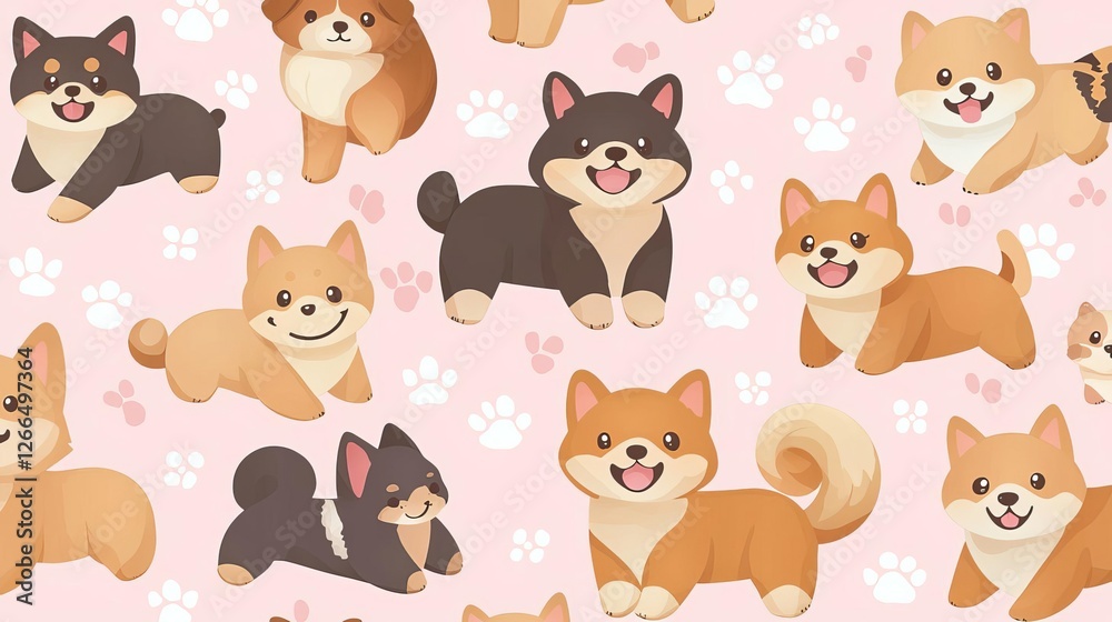 Obraz premium National Pet Day Cat Dog Cute pattern of playful cartoon dogs on pink.