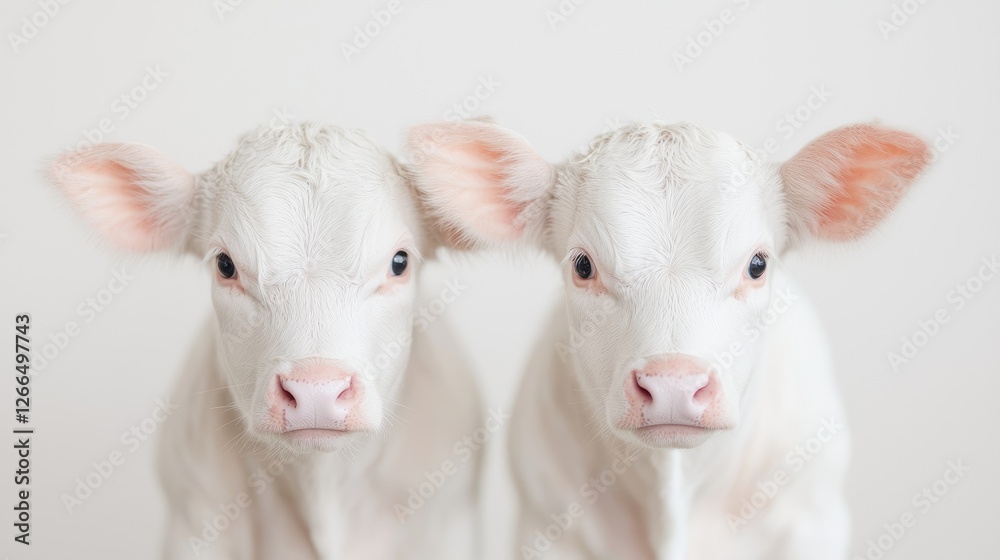 Fototapeta premium Two cute white calves standing side by side against a clean white background in a studio portrait.