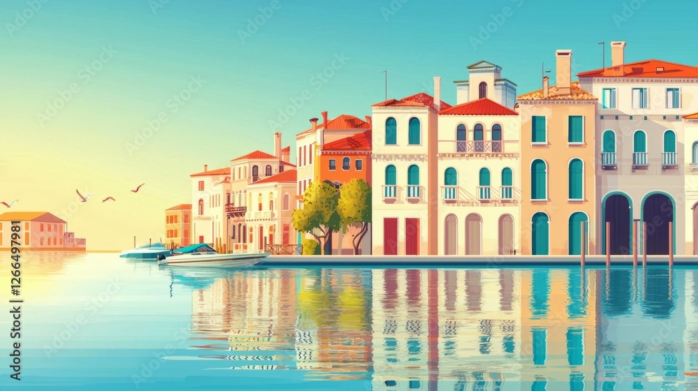 Obraz premium Serene Waterfront Scene with Colorful Buildings and Calm Water
