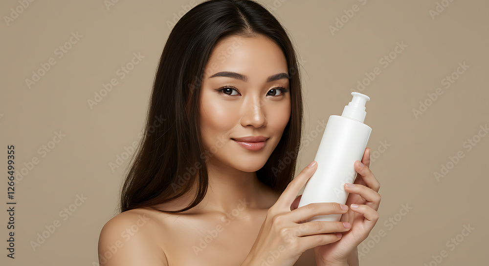 A captivating image of a beautiful Asian woman with long dark hair, showcasing flawless skin, holding a blank white bottle of skincare product. A captivating image of a beautiful Asian woman with long dark hair, showcasing flawless skin, holding a blank white bottle of skincare product.