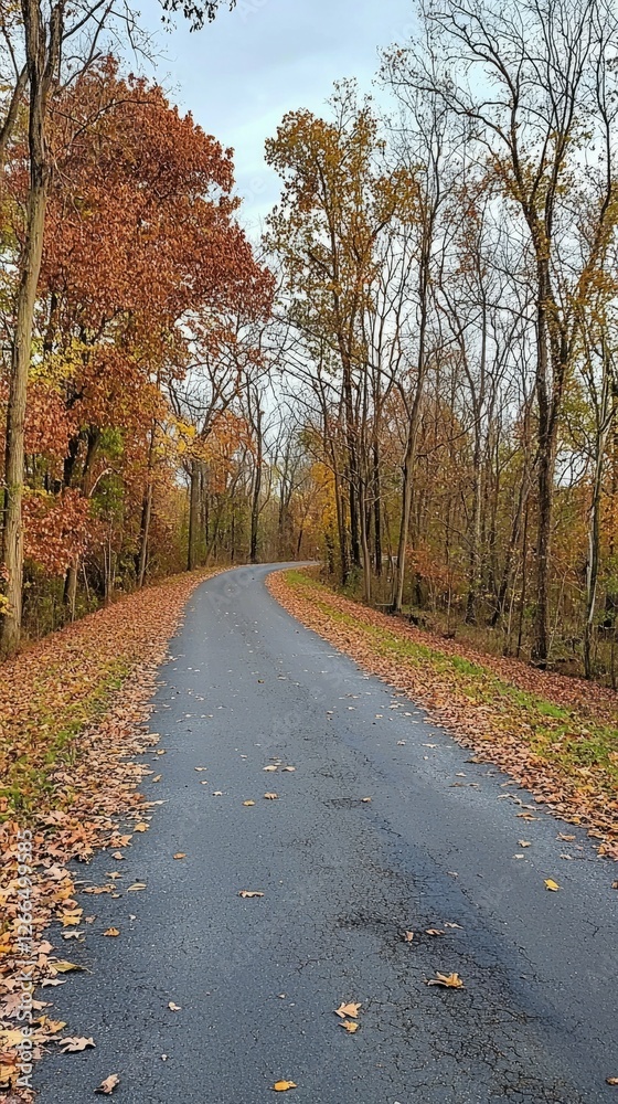 Fototapeta premium Serene Autumn Scene on Winding Road Surrounded by Colorful Foliage