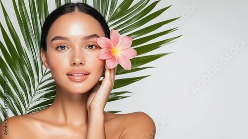 Tropical Radiance: A beautiful woman with flawless skin and a radiant smile holds a delicate pink flower behind her ear, with lush tropical foliage framing her portrait.