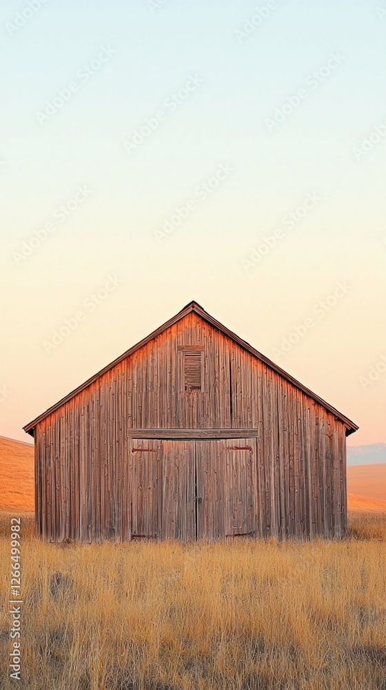 Obraz premium Rustic Barn in Golden Grassland Under Soft Sunrise Light