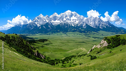 Majestic snow-capped mountains, valley vista, sunny day, scenic landscape, travel poster