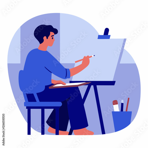 Artist sketching on canvas in modern studio