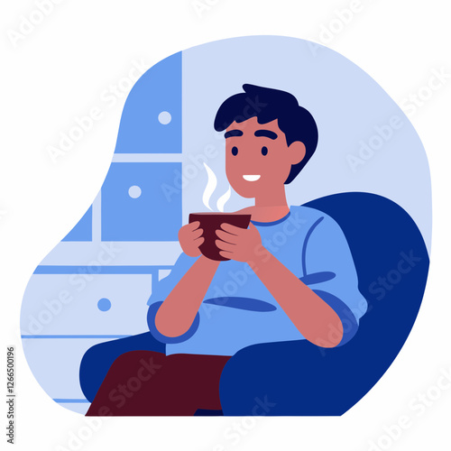 Smiling man enjoying a hot drink while sitting in an armchair