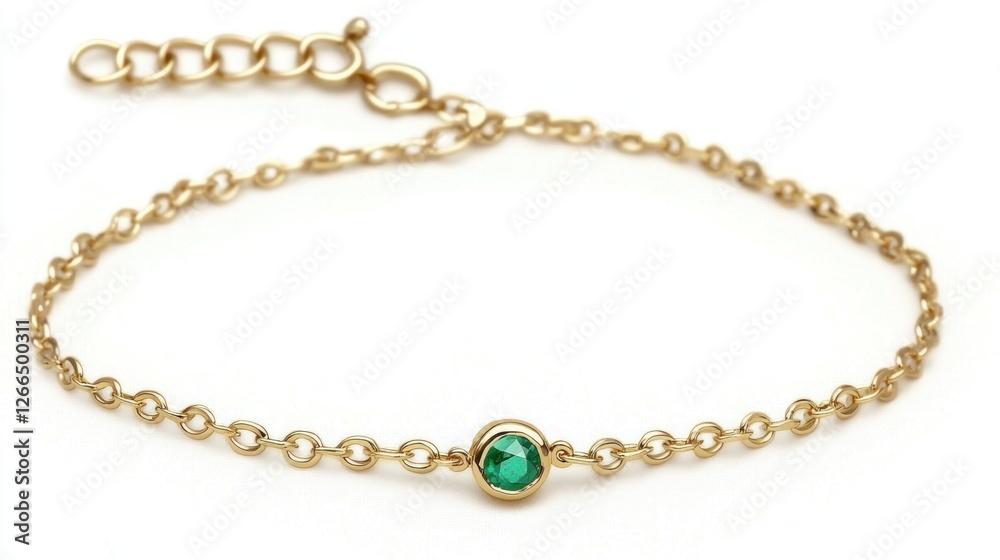 Gold chain bracelet with emerald gemstone on white background Gold chain bracelet with emerald gemstone on white background