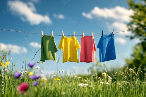 Clothes drying on a rope on green meadow under blue sky