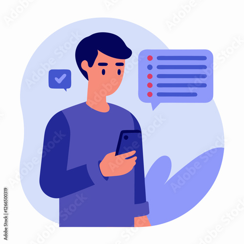 Young man checking messages on smartphone against blue background