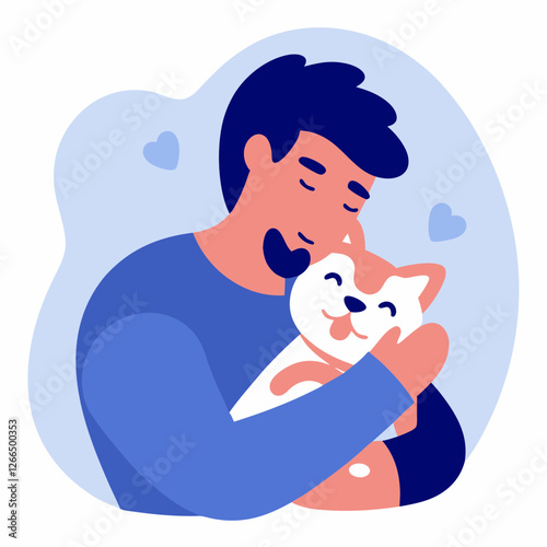 Man hugging happy cat against a soft blue background
