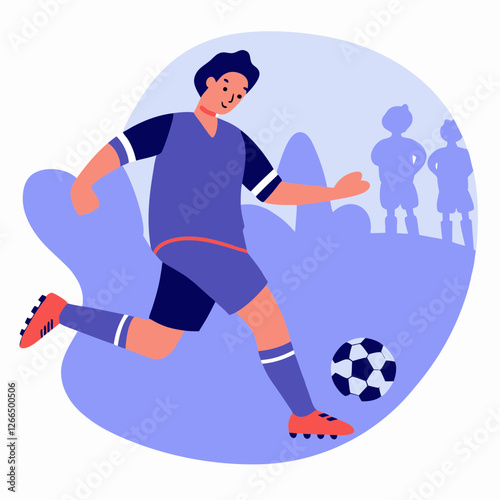Soccer player kicking ball with teammates in the background