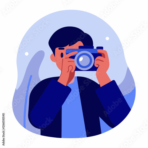 Man taking photo with camera against abstract blue background