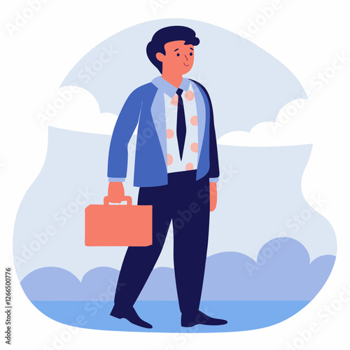 Businessman smiling while walking against a blue cloud background