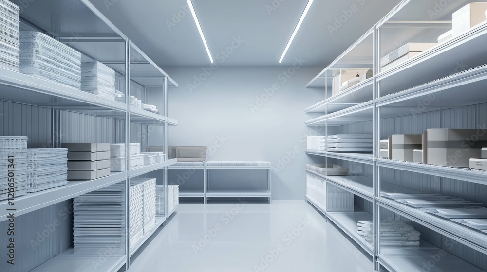 Fototapeta premium Bright and Minimalist Storage Room with Metal Shelves and Goods