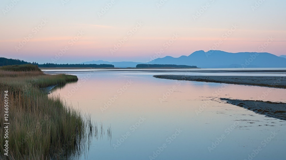 Serene Landscape of Calm Waters and Mountains at Dusk Serene Landscape of Calm Waters and Mountains at Dusk