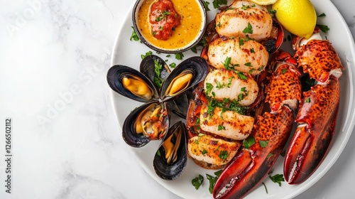 Top view of fresh lobster tails, scallops, and mussels arranged beautifully with dipping sauce and herbs, copy space.