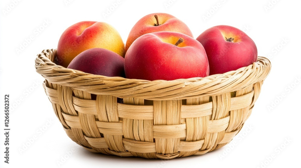 Rustic Wicker Basket Filled with Fresh Red Apples on White Background Rustic Wicker Basket Filled with Fresh Red Apples on White Background