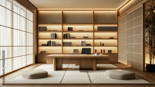Modern Minimalist Home Office with Wooden Furniture and Lighting