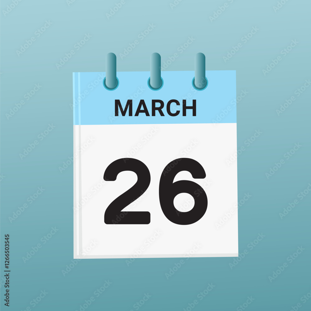 26th March daily calendar icon template. March 26 day calendar design. Single day calendar in vector illustration flat style.