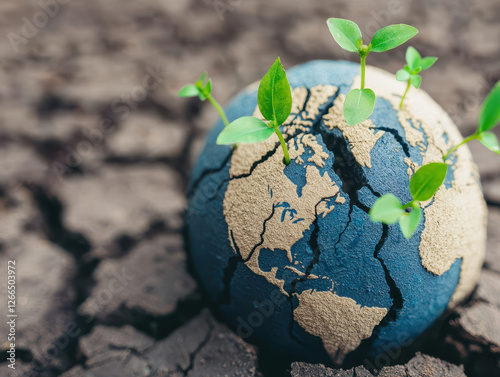 cracked globe with green leaves sprouting symbolizes environmental renewal