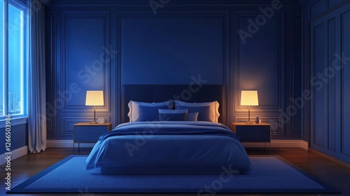 A serene bedroom with blue tones, soft lighting, and cozy decor for relaxation.