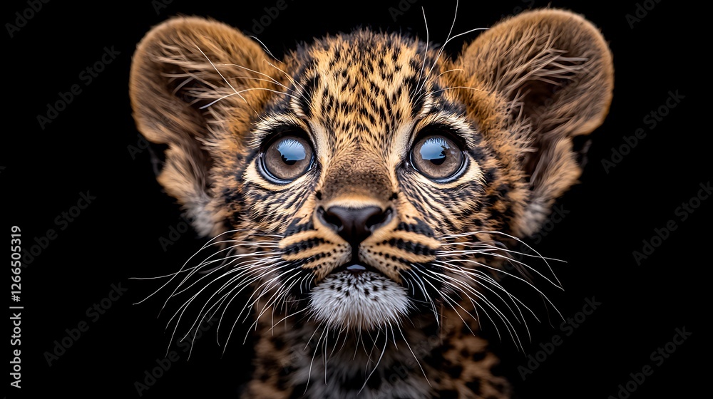Obraz premium Adorable Leopard Cub Portrait, Dark Background, Wildlife Photography, Zoo