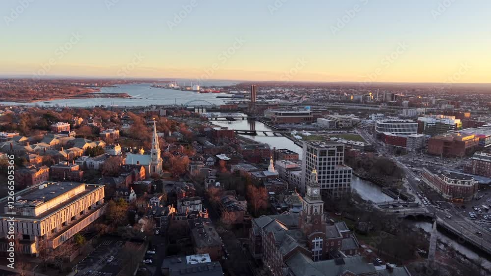 Drone video of the Providence River in Providence, Rhode Island at sunset. Aerial view from above College Hill looking towards South Providence and Fox Point. Drone video of the Providence River in Providence, Rhode Island at sunset. Aerial view from above College Hill looking towards South Providence and Fox Point.