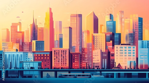 Vibrant city skyline at sunset with modern design.