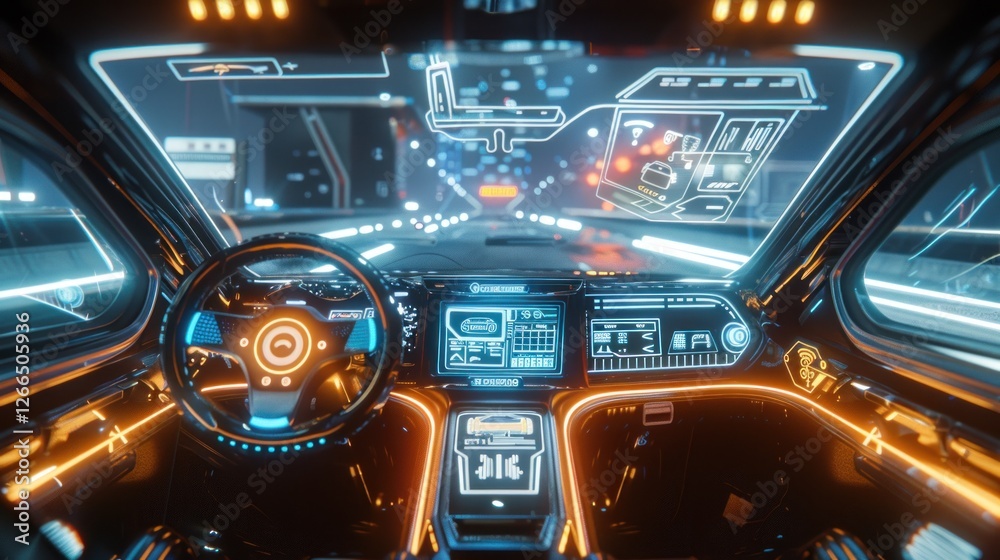 A futuristic car cockpit with a steering wheel A futuristic car cockpit with a steering wheel