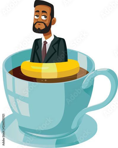 Tired Businessman Floating in a Cup of Coffee Vector Cartoon Character. Exhausted unhappy businessman in need for his caffeine dose
