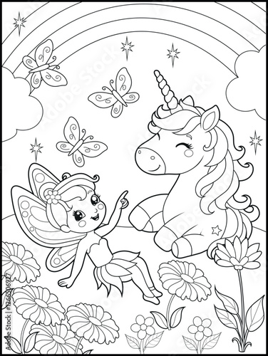 Black and white fairy coloring pages for kids. Children's coloring books with cute cartoon fairy and unicorn characters, fun and educational materials for kindergarten.
