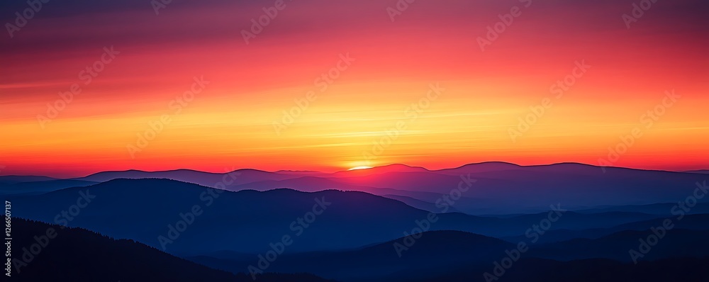 Fototapeta premium A breathtaking sunset over rolling mountains, showcasing vibrant hues of orange, pink, and purple. The serene view offers a perfect escape into nature's beauty and tranquility.