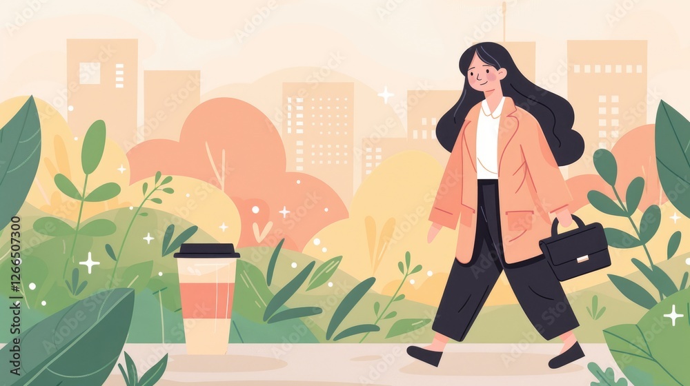 A young woman walks on a path surrounded by greenery, carrying a briefcase and a coffee cup, with a city skyline in the background. A young woman walks on a path surrounded by greenery, carrying a briefcase and a coffee cup, with a city skyline in the background.