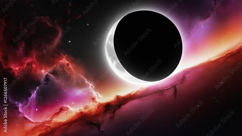 Obraz premium A dramatic celestial scene featuring a large, dark eclipse against a vibrant, swirling nebula.