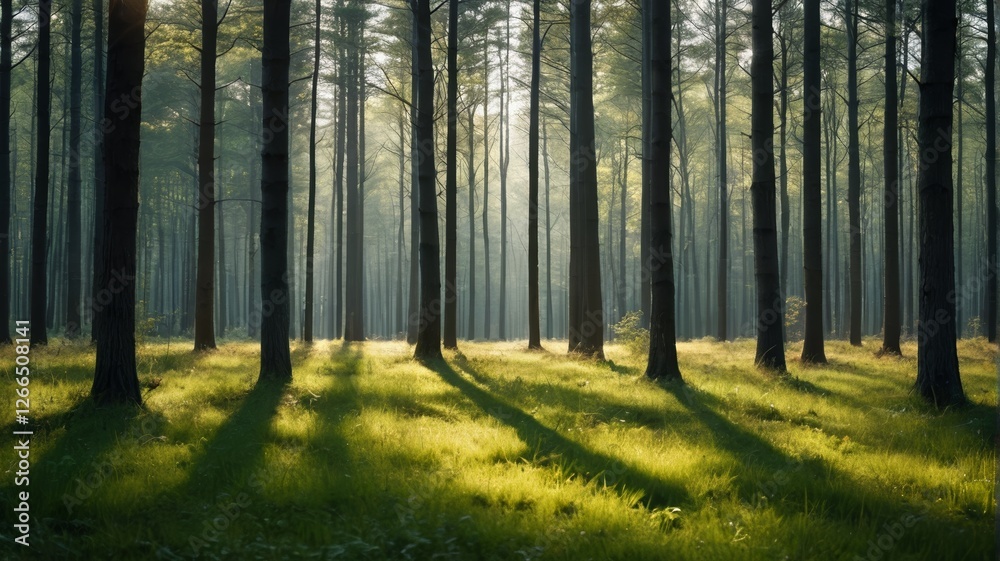 Fototapeta premium sunlight shining through the trees in a forest with tall grass