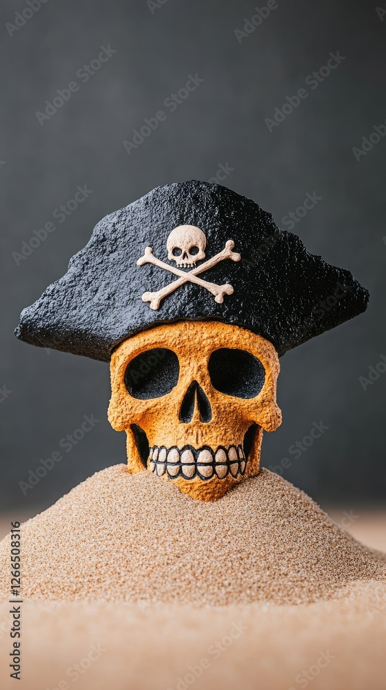 custom made wallpaper toronto digitalA pirate-themed skull resting on a sand mound, with a dark background enhancing its features
