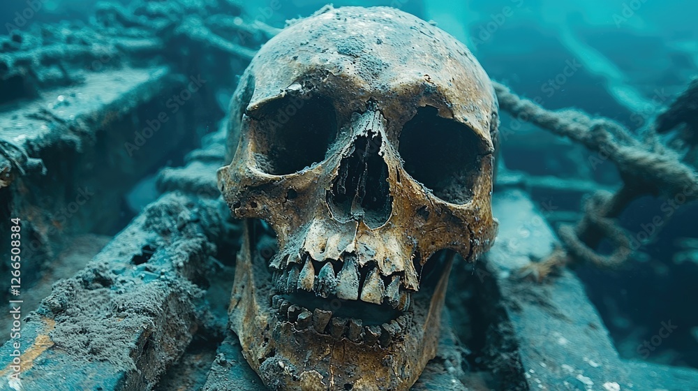 custom made wallpaper toronto digitalUnderwater view of a weathered skull resting on a shipwreck, surrounded by marine debris