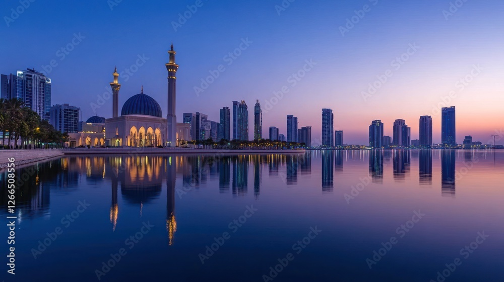 Fototapeta premium A serene cityscape at dusk featuring a mosque and modern skyline reflected in water.