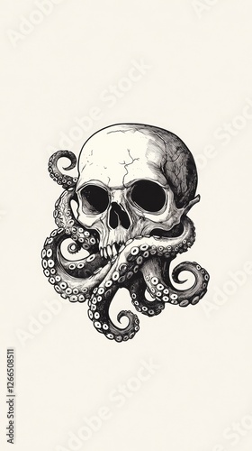 Wallpaper Mural Intricate illustration of a skull entwined with an octopus, showcasing detailed line work Torontodigital.ca