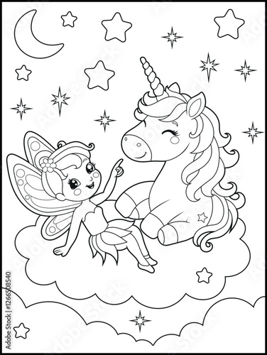 Black and white fairy coloring pages for kids. Children's coloring books with cute cartoon fairy and unicorn characters, fun and educational materials for kindergarten.

