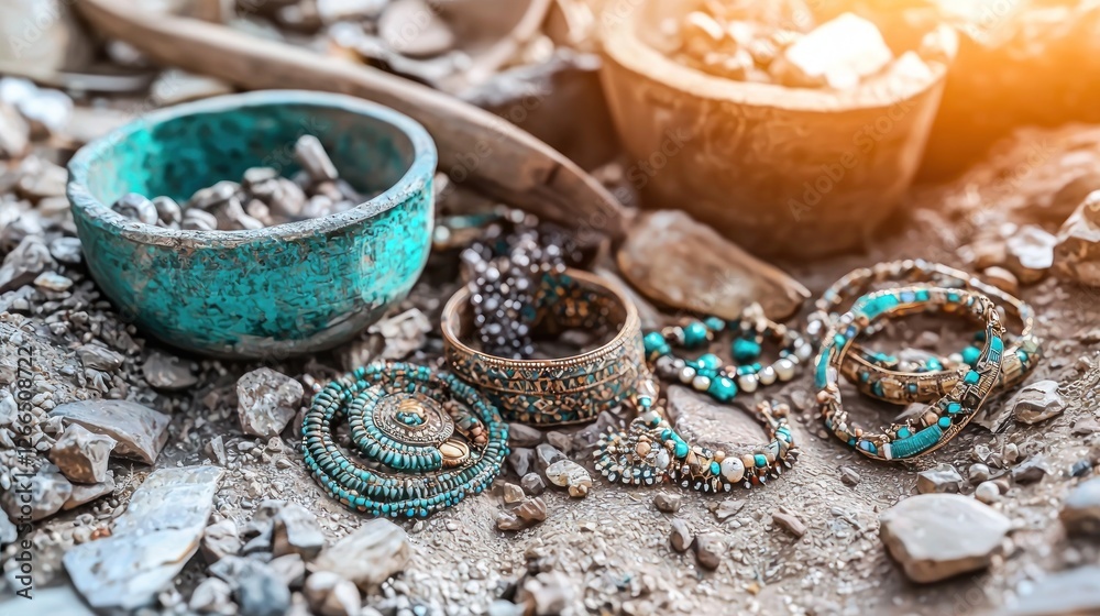 Ancient turquoise jewelry unearthed, archaeological site, sunlit debris field Ancient turquoise jewelry unearthed, archaeological site, sunlit debris field