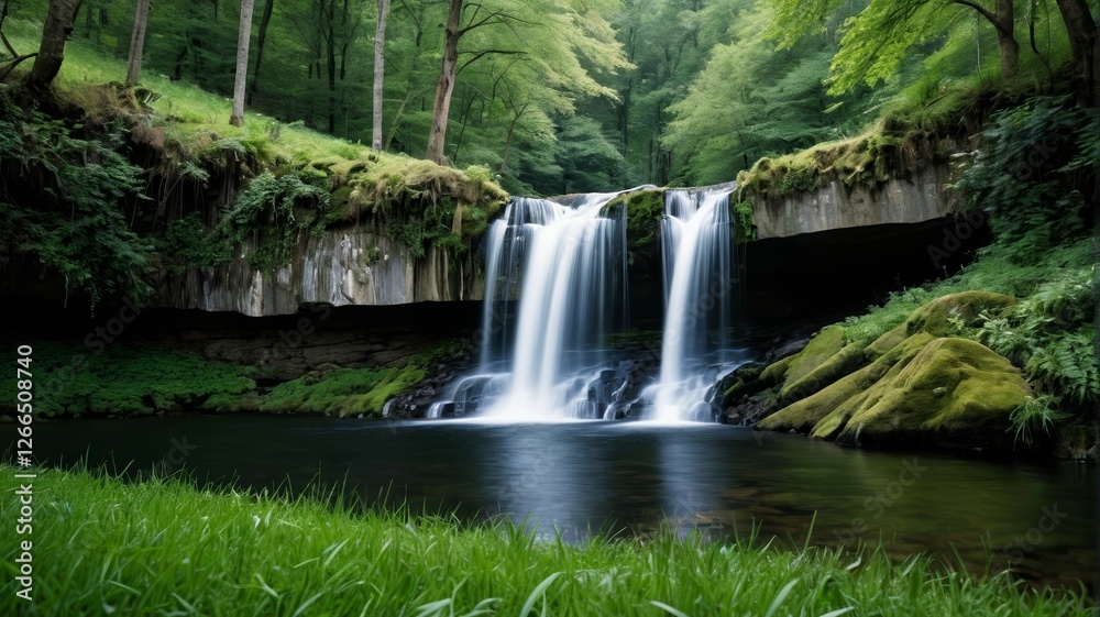 waterfall in a forest with mossy rocks and water waterfall in a forest with mossy rocks and water