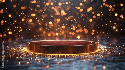 Wallpaper Mural Circular podium surrounded by shimmering golden bokeh lights on a reflective surface Torontodigital.ca