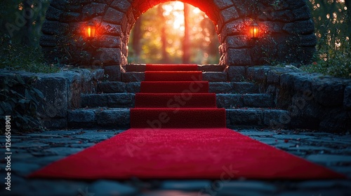 Wallpaper Mural A red carpet leading through a stone archway in a forest at sunset, creating a magical ambiance Torontodigital.ca